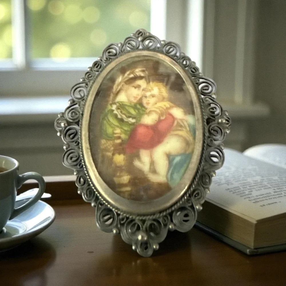 Antique Vintage‎ 800 Silver Brooch Pendant Hand Painted Cameo Woman & Children